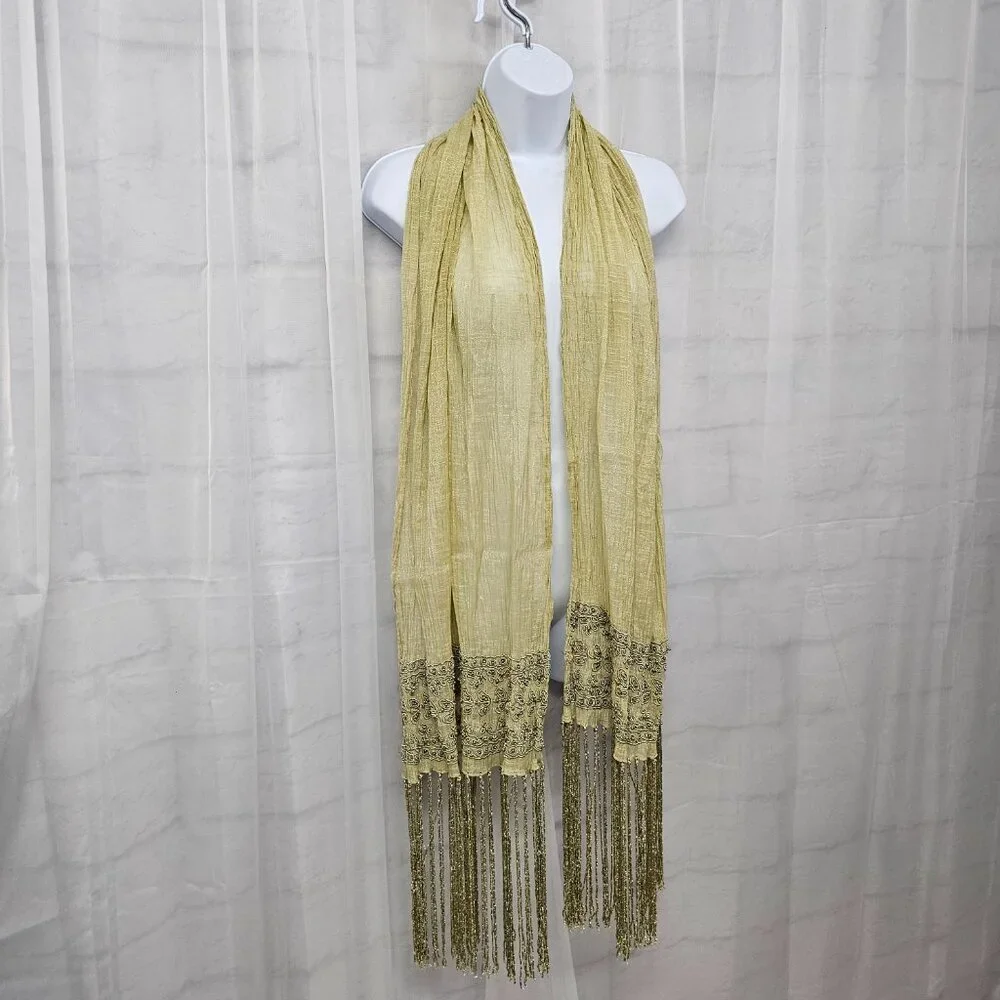 Green Boho Sheer Beaded Embroidered Shimmery Fringed Scarf - Picture 8 of 12